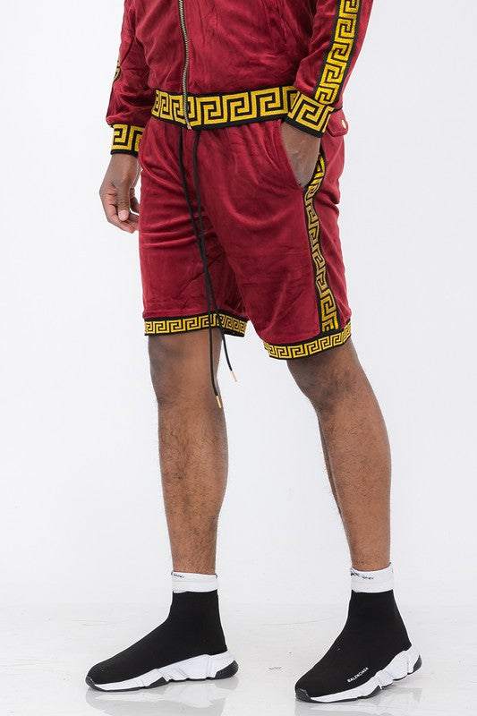 Status Print Velour Suede Shorts with Elastic Waist and Drawstring.